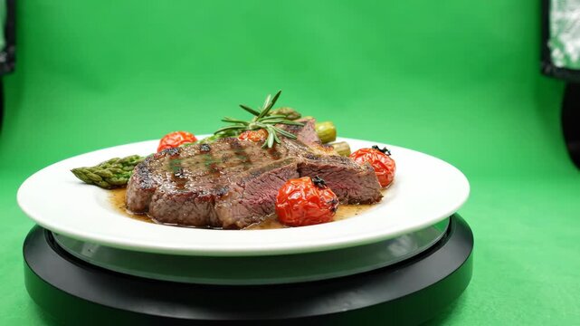 Gourmet Steak Dinner: A perfectly grilled steak, sliced to reveal its juicy interior, is elegantly presented on a white plate with roasted cherry tomatoes, asparagus, and a sprig of rosemary.
