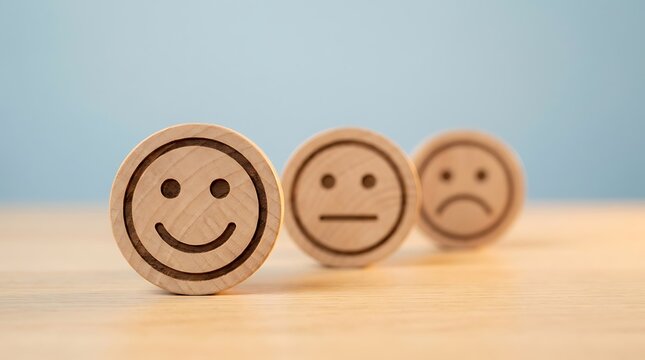 Wooden tokens with different emotional expression faces representing mental wellbeing and mood assessment, expression
