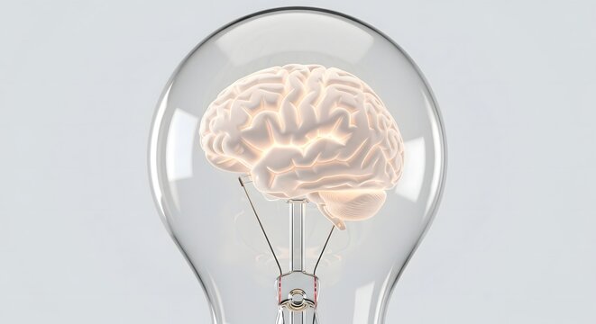 A glowing human brain inside a clear glass light bulb representing ideas and intelligence.
