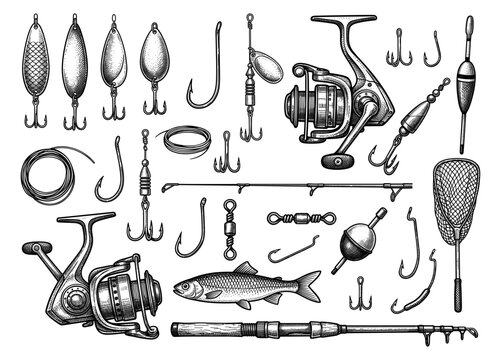 Fishing gear set with rod reel lure hook line float net fish