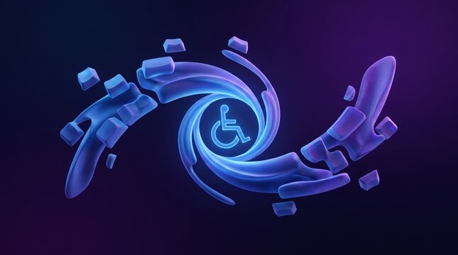 Dynamic blue and purple abstract vortex with fragmented elements swirling around the international symbol of access, set against a dark gradient background.