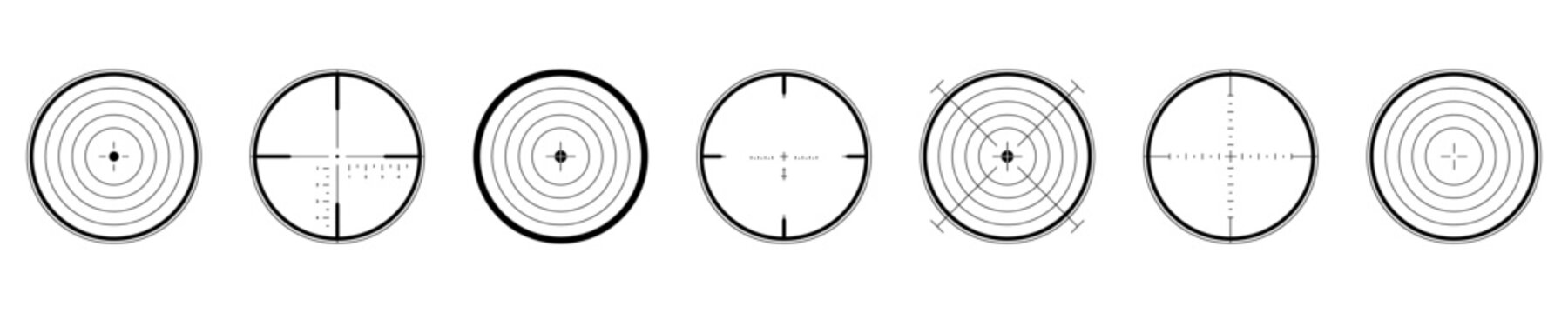 Various reticle types showing scope crosshairs for aiming, focus, and precision