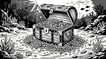 Underwater Treasure Chest Overflowing with Gold Coins and Jewels © mugi