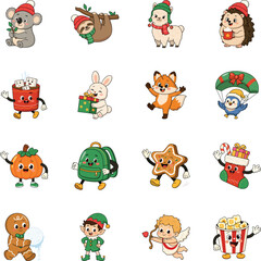 Fototapeta premium 2.epsCute Christmas animals, festive treats, woodland characters, winter accessories, gifts, elves, cupid, popcorn, cookies, pumpkins, and backpacks in a flat character vector style. 