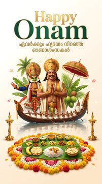 Happy onam festival poster with traditional Sadya feast floral background snake boat race