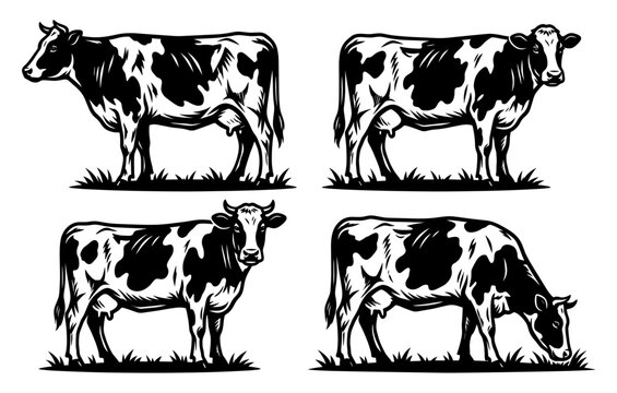 Milk cow set with spotted cattle grazing on grass meadow