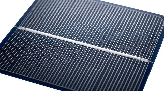 Monocrystalline solar cell macro, photovoltaic silicon wafer with silver busbars, renewable energy technology and sustainable power generation concept isolated PNG with Transparent Background