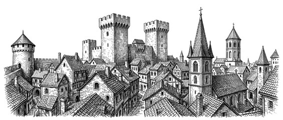 Naklejka premium Medieval town panorama with castle tower fortress church house roof
