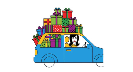 Fototapeta premium Woman driving overloaded car with stacked Christmas gift boxes