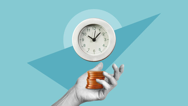 Hourly Rate Increase, Pay Raise, Time Value of Money and Salary Growth Concept with Clock and Coins, Financial Planning, Wage Growth, Income Improvement and Career Success