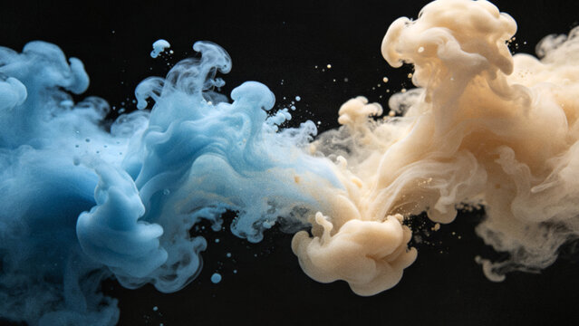 Abstract 3D fluid simulation background with grainy holographic blue and cream ink smoke swirling in water over a minimalist dark black backdrop.