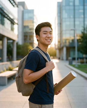 Smiling East Asian engineering student standing on university campus