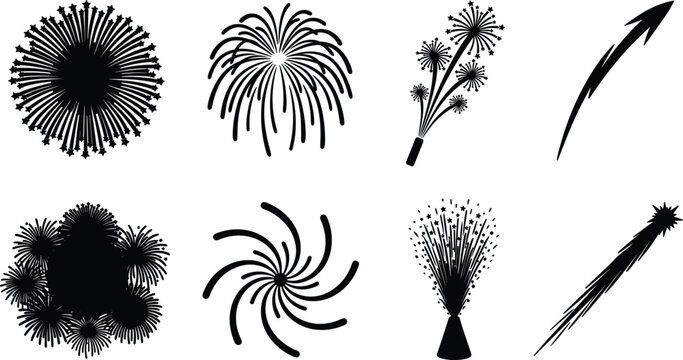 Fireworks and celebration vector icon set featuring exploding bursts, fountains, shooting stars, and festive pyrotechnics