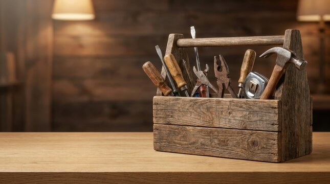 Wooden toolbox with hand tools. Vintage equipment for home repair and carpentry projects.