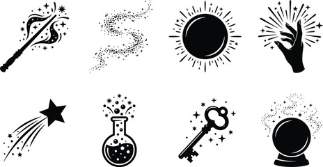 Magic and witchcraft vector icon set featuring magic wand, spell dust, sunburst, casting hand, shooting star, potion flask, magical key, and crystal ball © MdAbdur