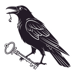 Fototapeta premium Graphic illustration of a black raven with a small crescent moon and a vintage key, crescent