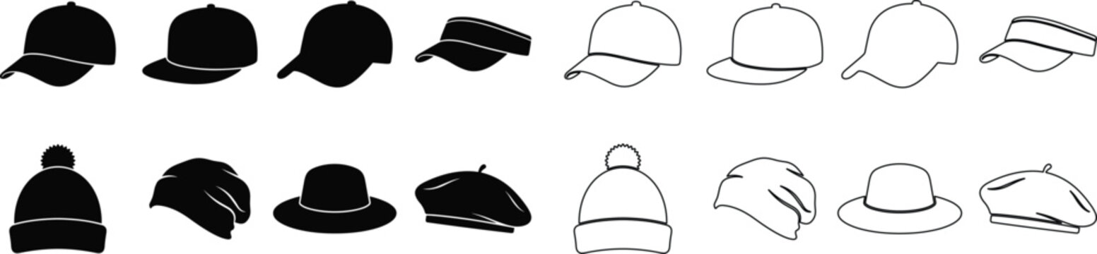 Set of black and white hats and caps icons, vector illustration of various headwear designs