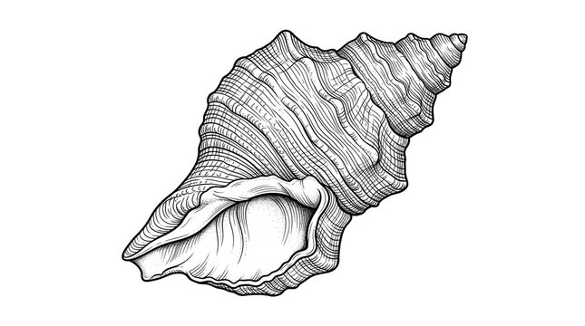 Vintage seashell engraving illustration, detailed nautical conch shell line art, antique marine mollusk sketch for coastal decor and scientific branding isolated PNG with Transparent Background