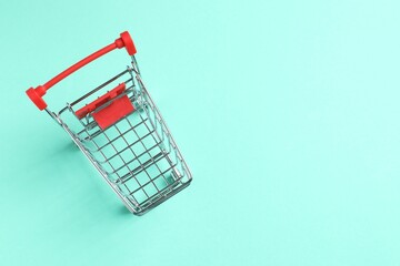 Empty mini metal shopping cart on color backbackground, space for text © Sunlight
