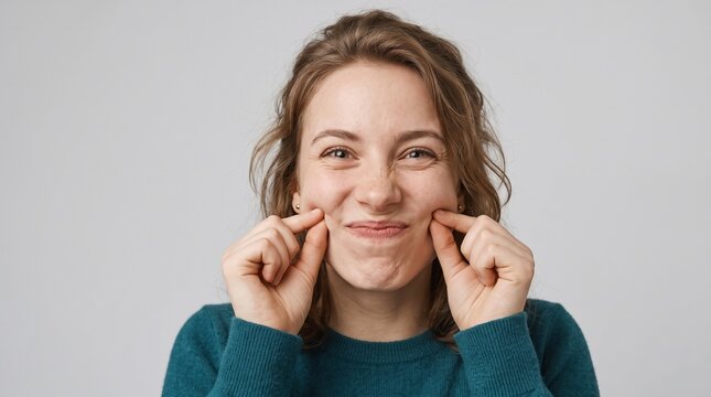 Young Woman Pulling Corners of Her Mouth to Exaggerate Smile Against Neutral Background