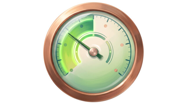 Vintage copper pressure gauge with green dial, industrial steam indicator meter, antique brass speedometer for measuring performance and efficiency isolated PNG with Transparent Background
