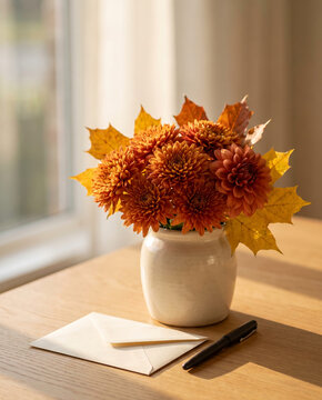 Autumn flower bouquet with blank envelope and fountain pen