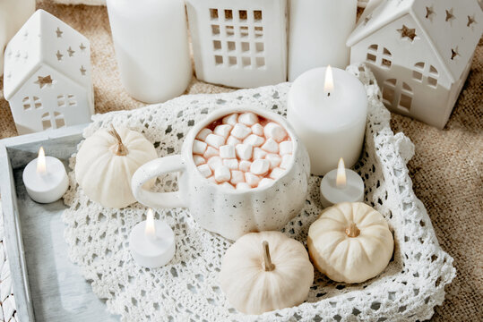 autumn background. Cozy Autumn Hot Chocolate with Mini Pumpkins and Fall Decor Warm mug of hot chocolate with mini marshmallows, white pumpkins and home decor. Inviting autumn scene
