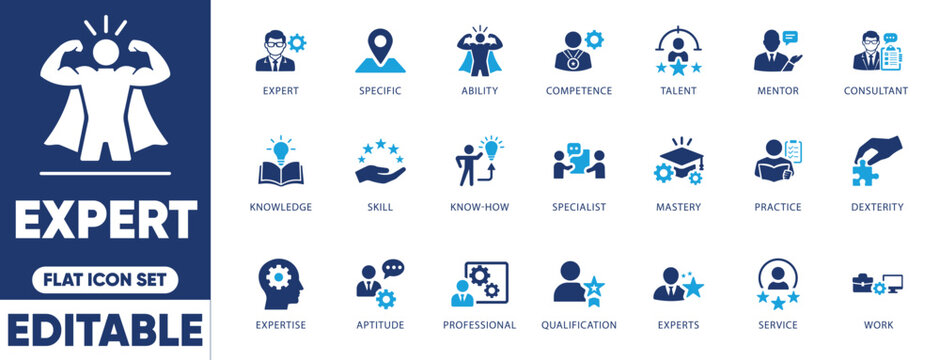Flat expert vector icon set featuring professional competence, skill, mentor, business expertise, and mastery icons.