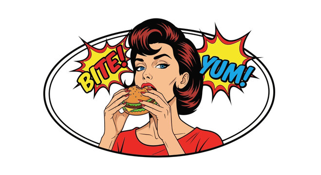 woman eating burger with bite and yum speech bubbles