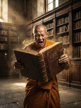 Expressive Medieval Monk Reading Aloud from an Ancient Law Book