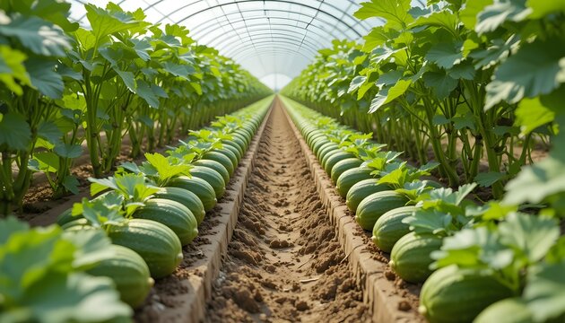 Modern Greenhouse Agriculture with Healthy Leafy Crops Growing in Protected Farming Environment &ndash; Sustainable Smart Farming, Organic Vegetable Production, Precision Agriculture, Controlled Climate Cul