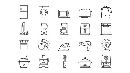 Fototapeta premium Collection of various household kitchen and laundry appliances line art icons