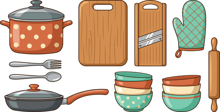 Kitchen Utensils and Cookware Vector Icon Set with Cooking Pot Frying Pan Cutting Board Mandoline Slicer Oven Mitt Bowls Fork Spoon and Rolling Pin