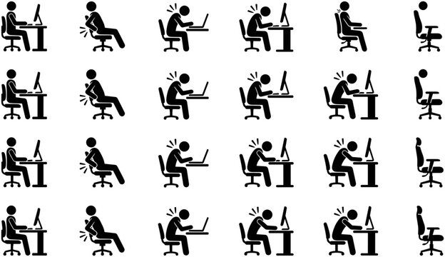 Set of human posture icons showing correct and incorrect sitting positions at a desk.