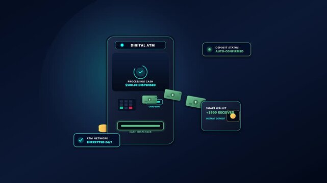Automated ATM Cash Terminal Dispenser and Digital Money Transfer Animation