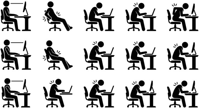 Set of human stick figure icons showing correct and incorrect sitting postures at a computer desk.
