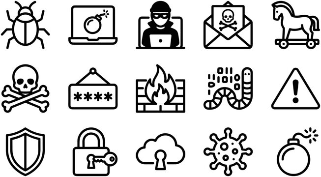Set of Cyber Security and Malware Line Icons.