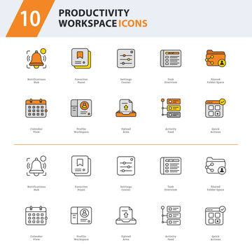 Productivity Workspace Outline Line Icons for Task Management, Collaboration and SaaS Dashboard