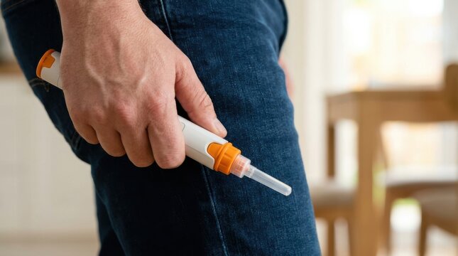 Person using auto-injector device. Patient self-administering medication with medical pen.
