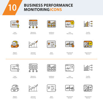 Business Performance Monitoring Outline Line Icons for KPI Tracking, Operational Metrics and Analytics Dashboard