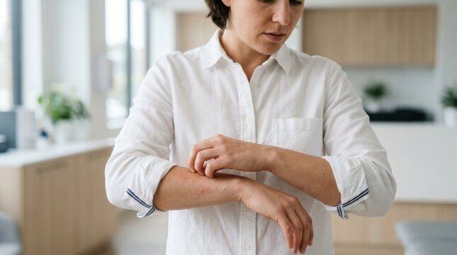 Woman scratching itchy forearm skin. Person suffering from skin irritation or allergy.