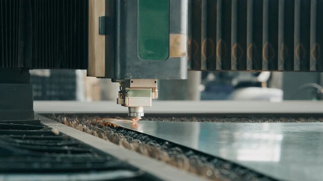 Close up of laser cutting machine incising metal sheet with sparks in workshop