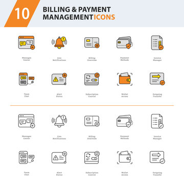 Billing and Payment Management Outline Line Icons for Finance Dashboard, Subscription and FinTech UI