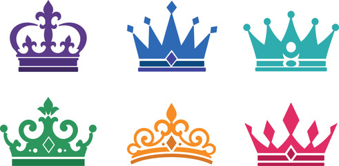 Set of six different colorful royal crowns and tiaras for kings and queens illustration © Milon Store