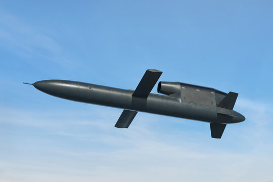 Ukrainian Flamingo cruise missile in flight with blue sky on background - 3d rendering