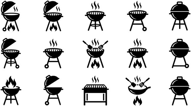 Set of black and white barbecue grill icons and symbols.