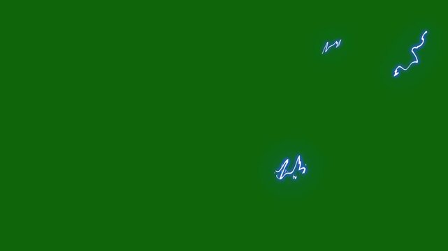 Energy blast animation with glowing lightning strikes, thunder flash, comic spark explosions, hand drawn electric effects and transparent green background overlay for action videos editing. 4k