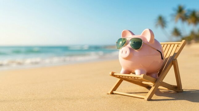 Piggy bank wearing sunglasses on beach chair. Financial savings for summer vacation concept.