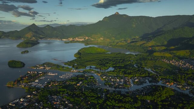 Aerial sunrise timelapse of the Marina Bracuhy near the town of Angra dos Reis in Brazil