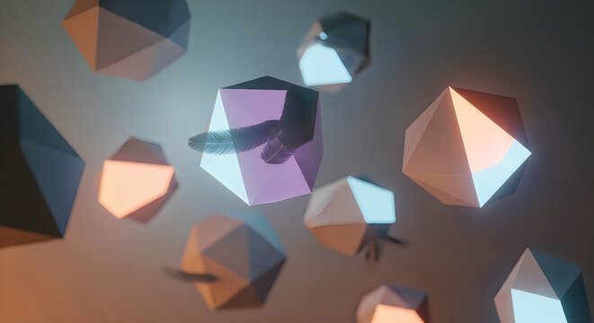 Abstract background featuring floating geometric shapes with soft lighting creating a modern and artistic three dimensional digital composition